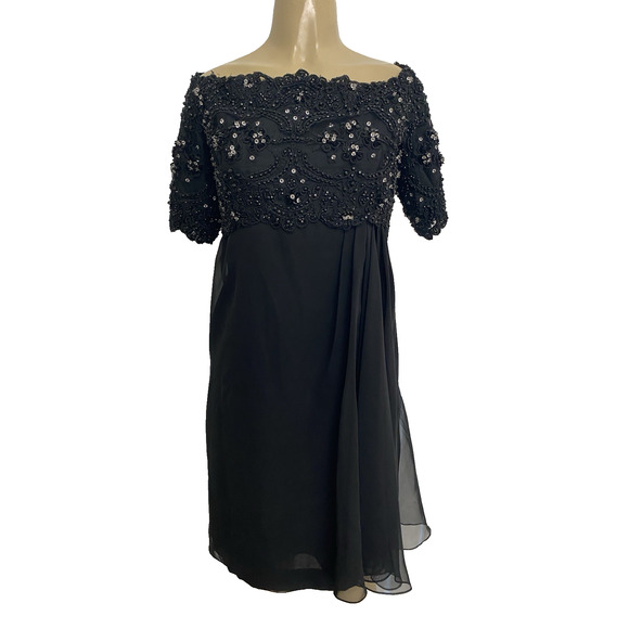 Victoria Royal Ltd Dress Off the Shoulder Black Beaded Short Sleeve Chiffon 12 L - Picture 1 of 5